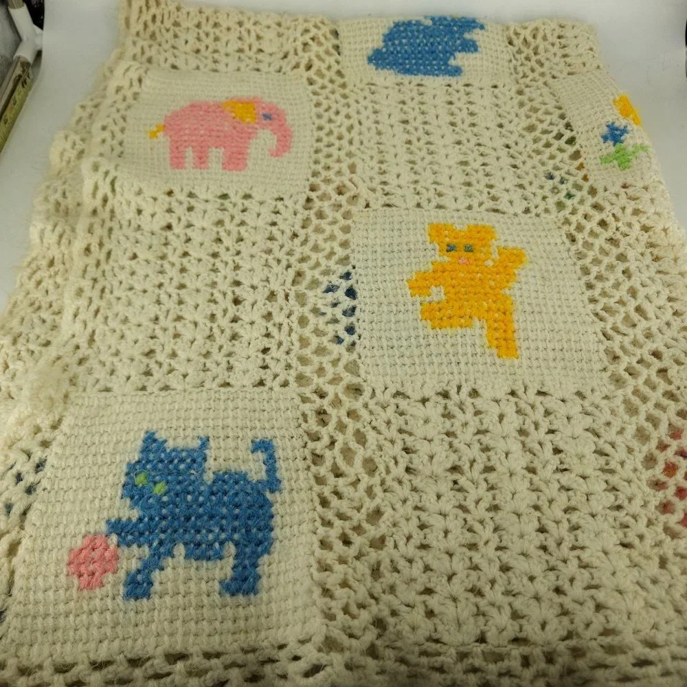 Crocheted Afghan Blanket Baby Infant Homemade White Boy Girl Animal Squares 58